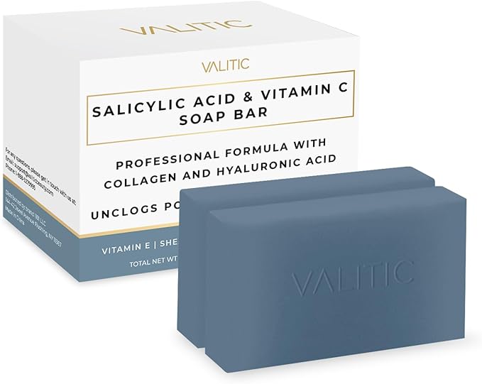 فاليتيك صابون حمض الساليسيليك والفيتامين سي فاليتيك - غسول للوجه وغسول تقشير للجسم للرؤوس السوداء، المسام المتضخمة والبشرة المشوهة بالعيوب مع الكولاجين، حمض الهيالورونيك، فيتامين E - عبوتين - Image 2